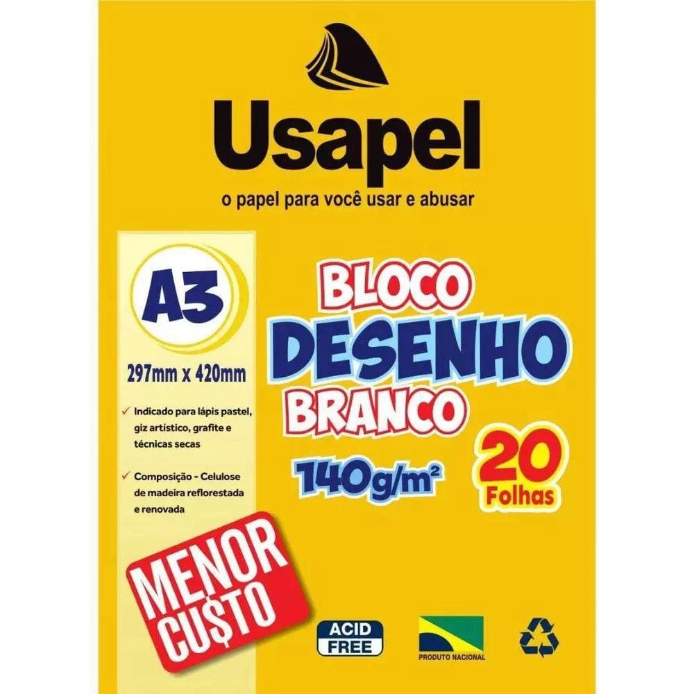 Bloco de Desenho Escolar A3 Branco 140g 20 Folhas Usapel