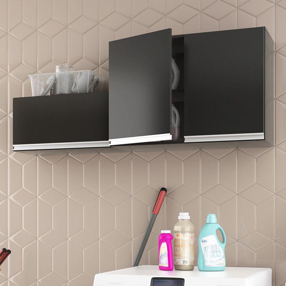 Kit Área de Serviço e Lavanderia com 02 Armários Aéreo 80cm e 60cm 100% MDF Preto - Abmaza