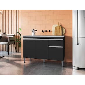 Balcão de Cozinha 120cm Tatiane 3 Portas 1 Gaveta com tampo Cor Preto - AJL