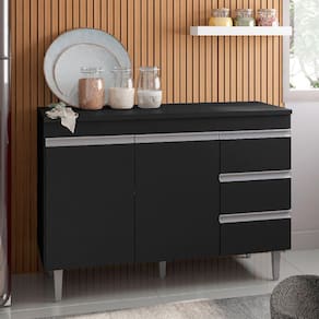 Balcão de Cozinha 120cm Andréia 2 Portas 3 Gavetas com tampo Cor Preto - AJL