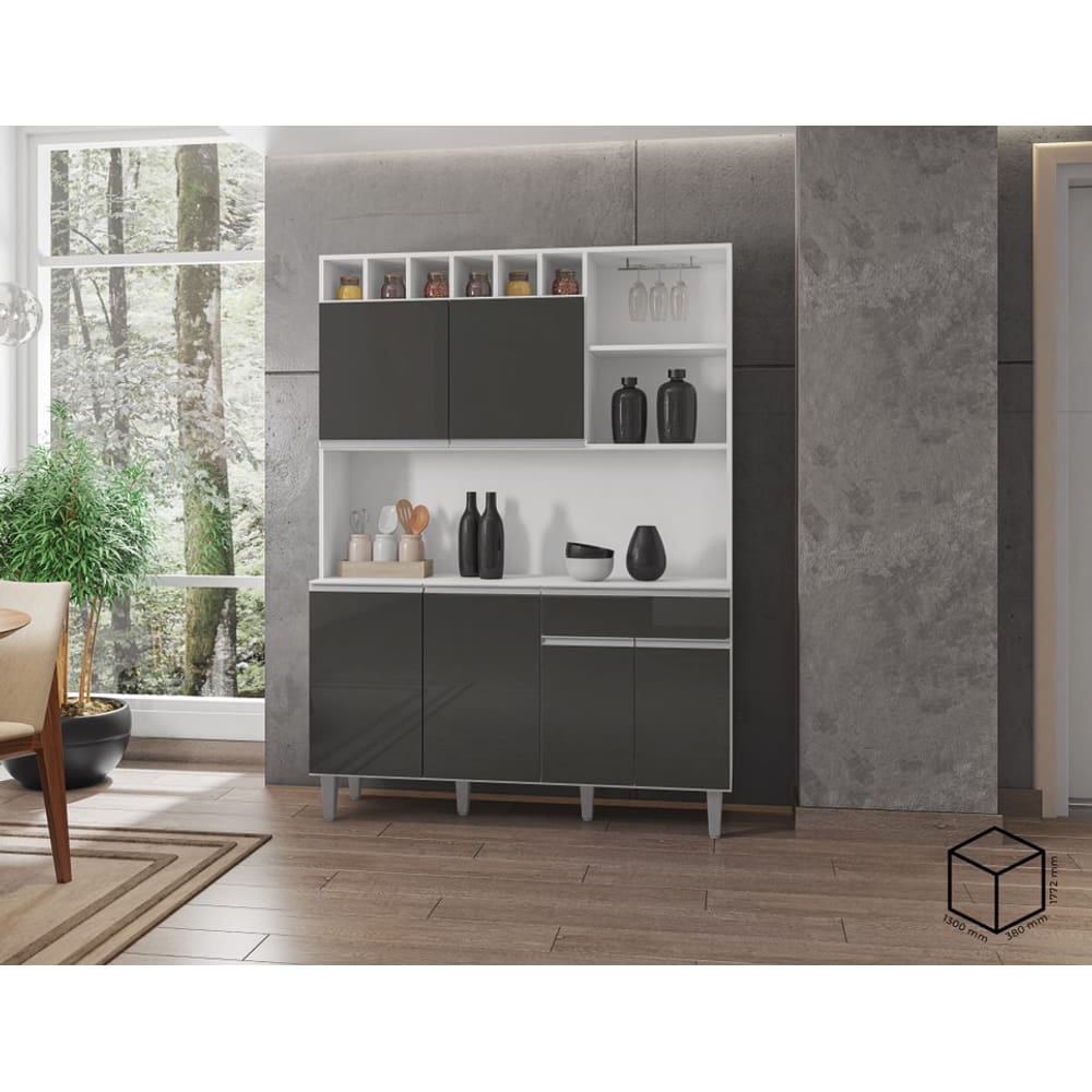 Kit Armario Cozinha Compacta Alice 130cm 6 Portas Cor Branco e Cinza AJL