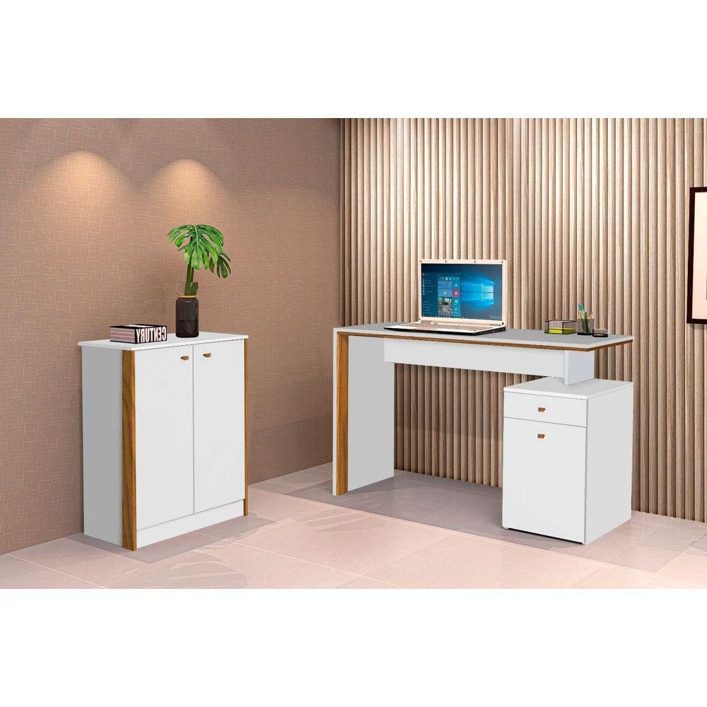Conjunto e 1 Mesa Escrivaninha e 1 Armário Balcão Office Escritório Branco com Freijó - Rede Móveis