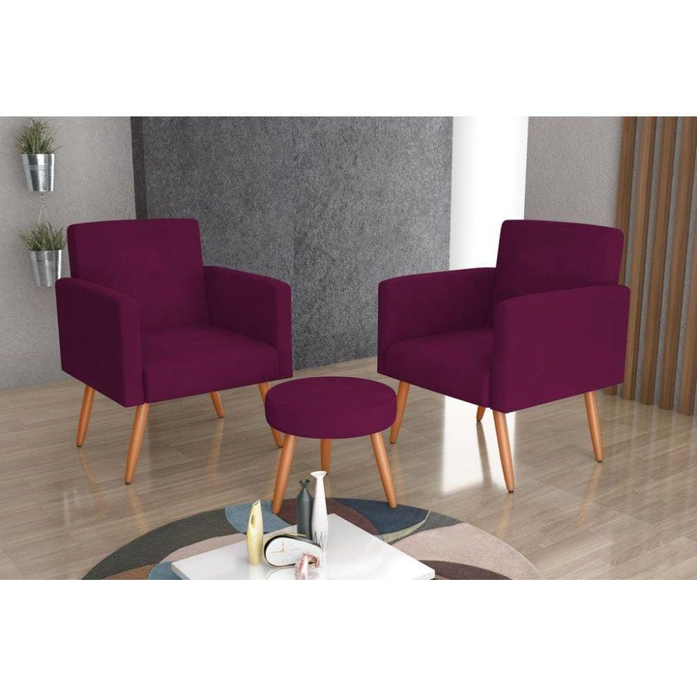 Conjunto 02 Poltronas Decorativas e 1 Puff Dallas - Veludo turkey Vinho