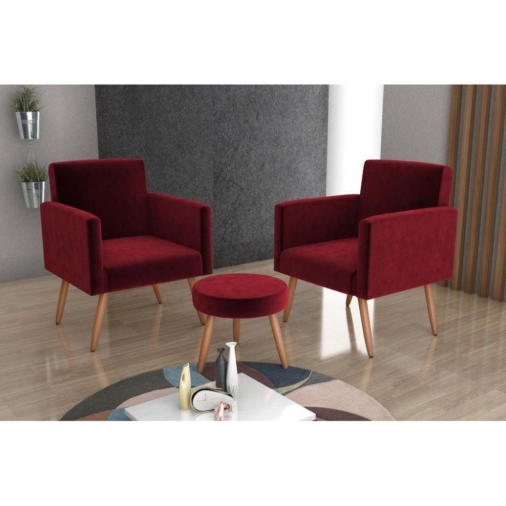 Conjunto 02 Poltronas Decorativas e 1 Puff Dallas - Vermelho