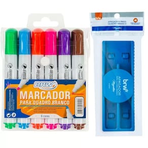 Kit 6 Marcador Quadro Branco Lousa 6 Cores + Apagador Magnético c/ Porta Caneta BRW