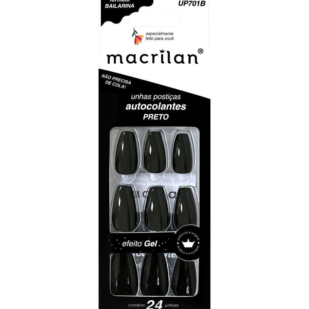 Macrilan Unhas Postiças Autocolantes Efeito Gel Preto Up701B (24 Unidades)
