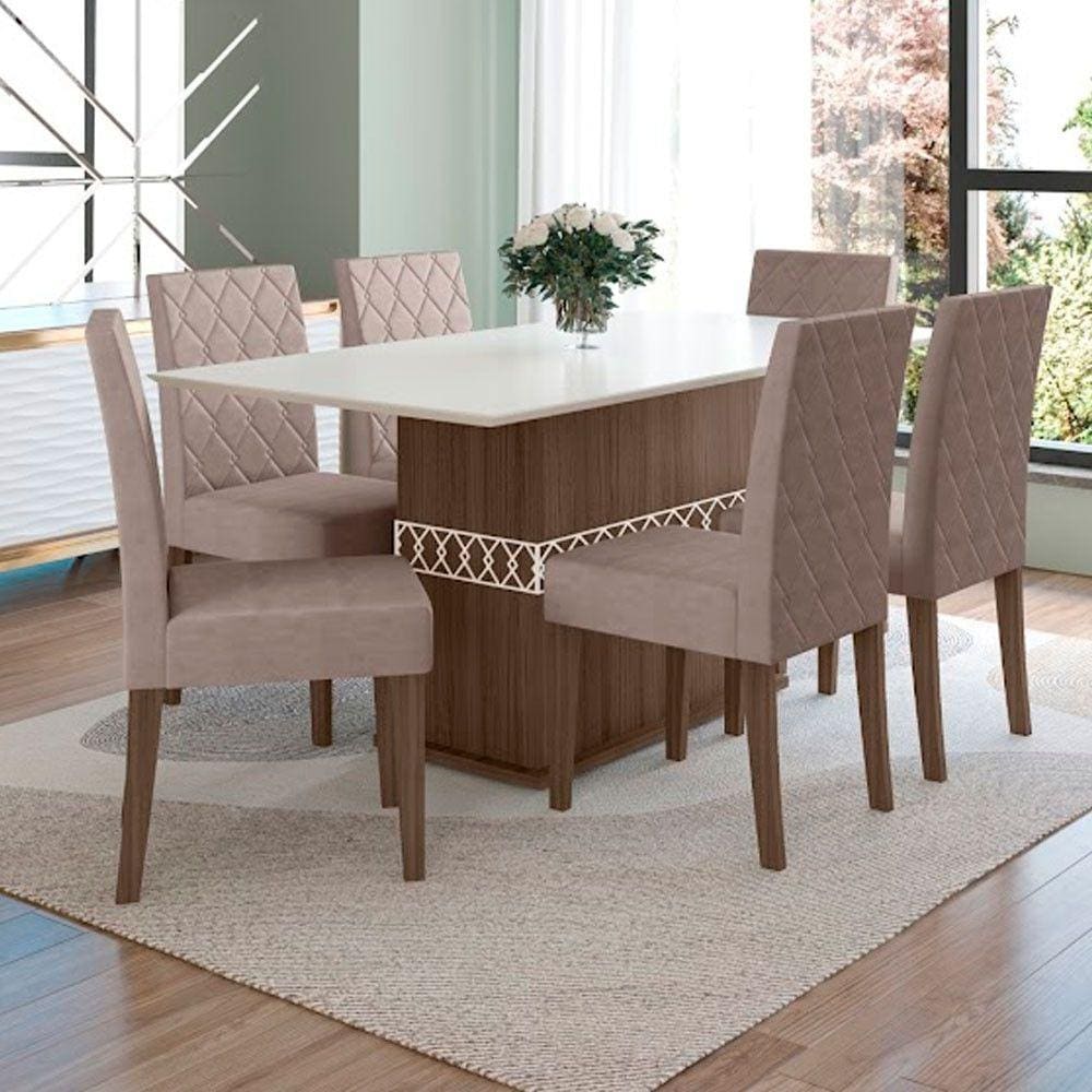 Conjunto Sala de Jantar Mesa com Tampo Chanfrado Agata 6 Cadeiras Estofadas Jade Poliman