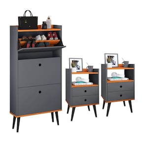 Kit Sapateira Vertical 3 Gavetas Basculantes Dark e 2 Mesinhas Canto Quarto Nicho Decorativo Dream –Cinza/Cinamomo- RPM