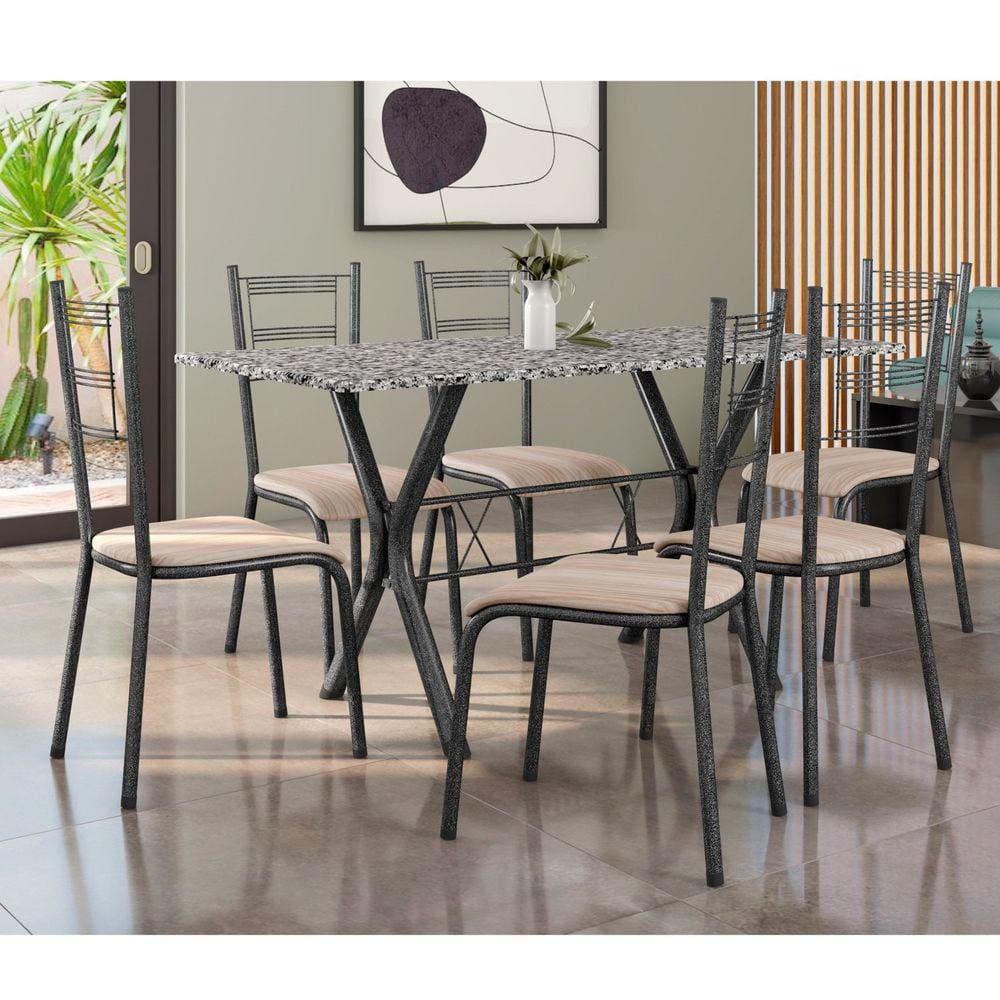 Conjunto Mesa Miami 150cm Granito 6 Cadeiras Santiago Assento Courino Preto/Prata/Marrom Bege