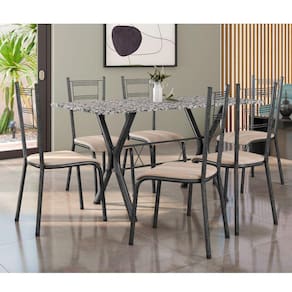 Conjunto Mesa Miami 150cm Granito 6 Cadeiras Santiago Assento Courino Preto/Prata/Marrom Bege