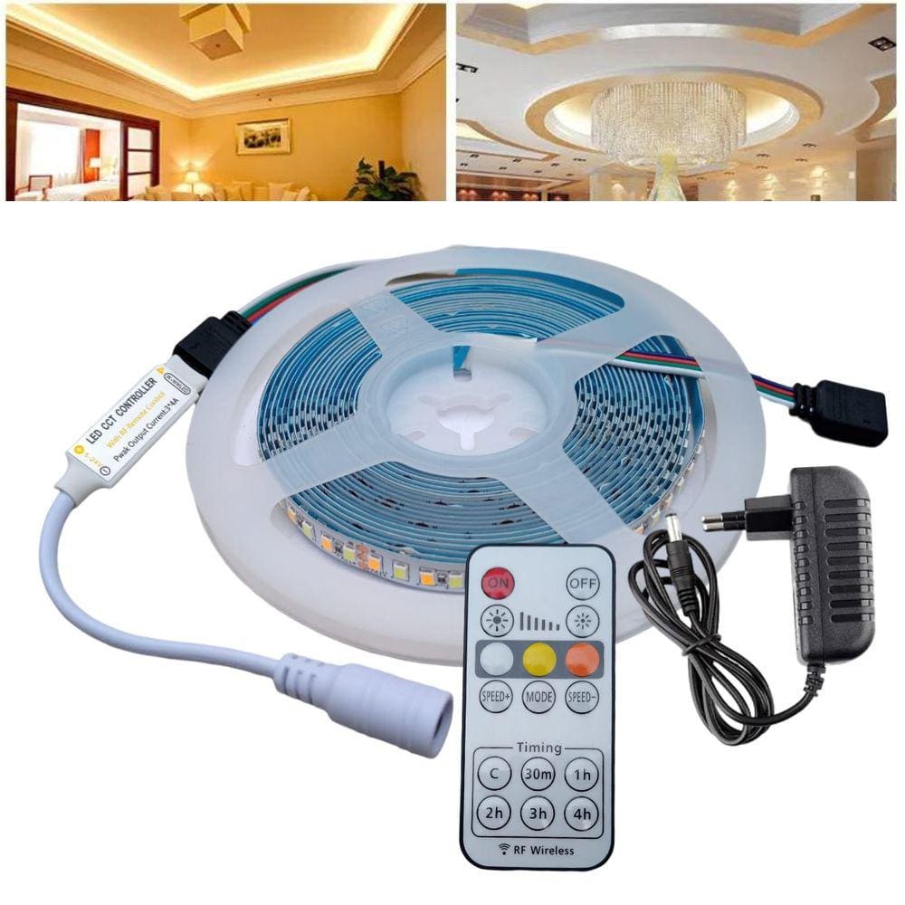 Fita De Led 3528 Com 3 Temperaturas De Luz (Frio, Quente e Morno) De 5M De 12V Com Controlador, Controle Remoto E Fonte