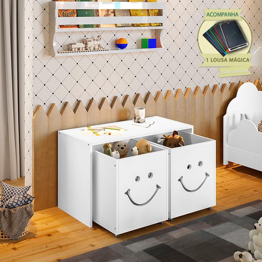 Mesa Infantil Montessoriana com Led Alegra Smile com Nichos - Branca Incluso Lousa Mágica