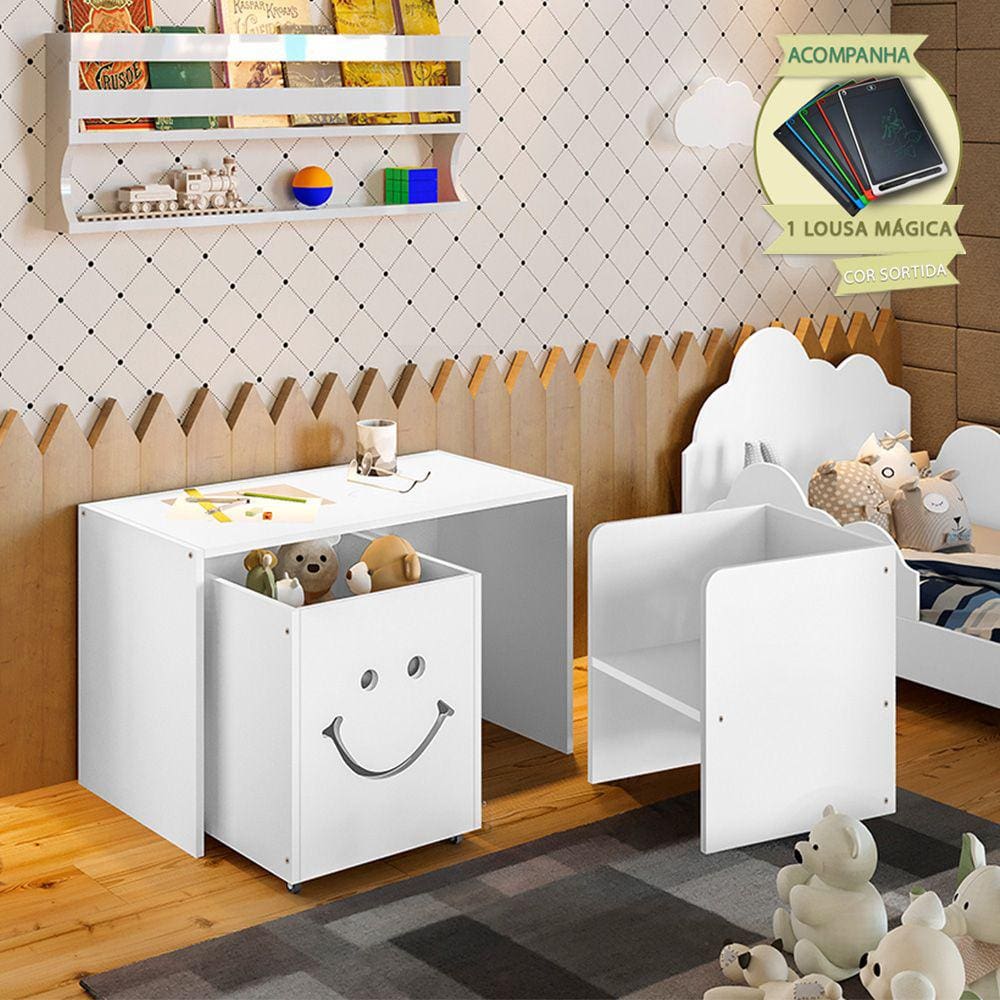 Mesa Infantil Alegra Smile Montessoriana com 1 Cadeira e 1 Nicho - Branca Incluso Lousa Mágica