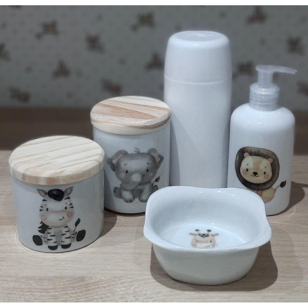 Kit higiene bebê safari 5 Pçs - Potes, porta álcool, molhadeira decorada + garrafa térmica