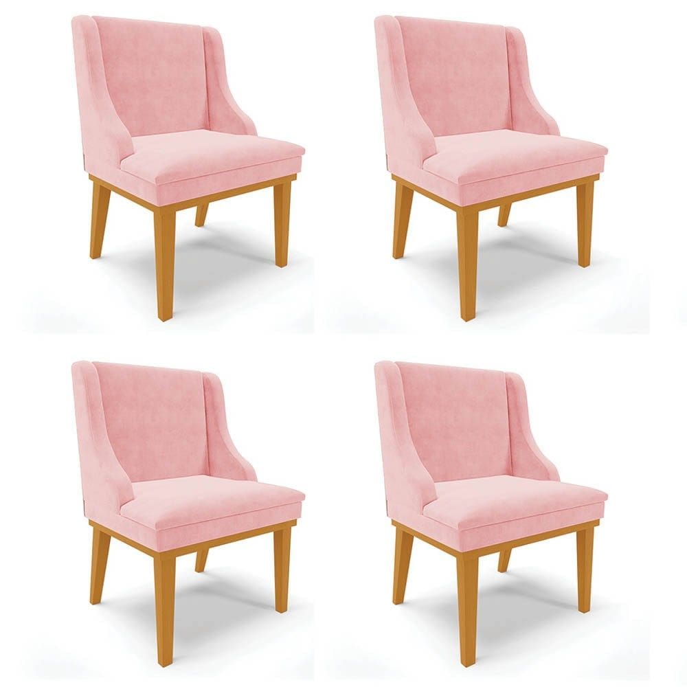 Kit 4 Cadeiras Estofadas para Sala de Jantar Base Fixa de Madeira Castanho Lia Suede Rosa bebê - Ibi