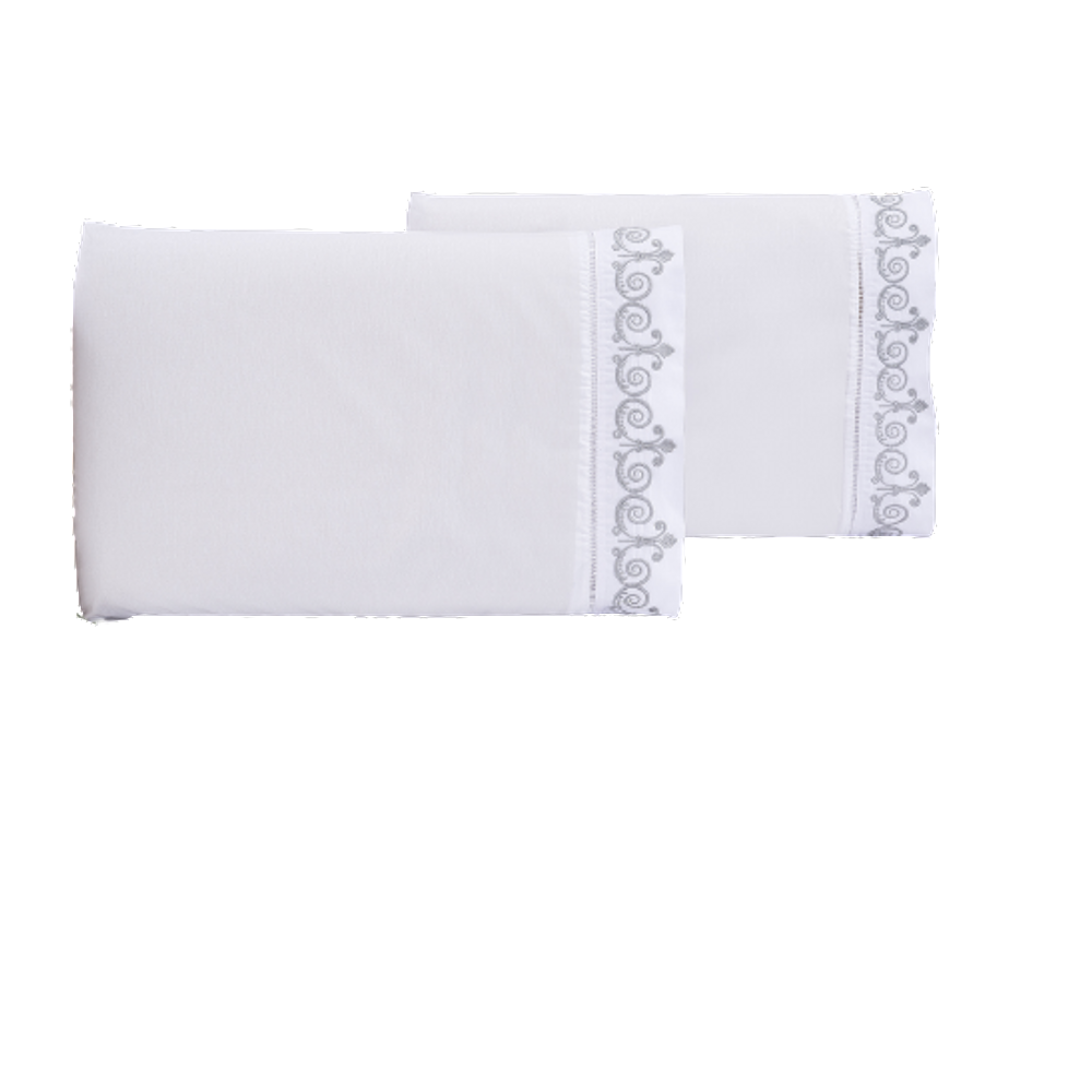 Jogo lençol quarto casal king bordado 3 peças branco cinza