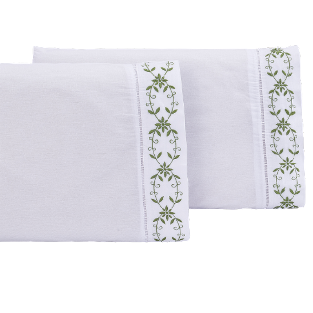 Jogo lençol king casal bordado 3 peças branco Verde veneza