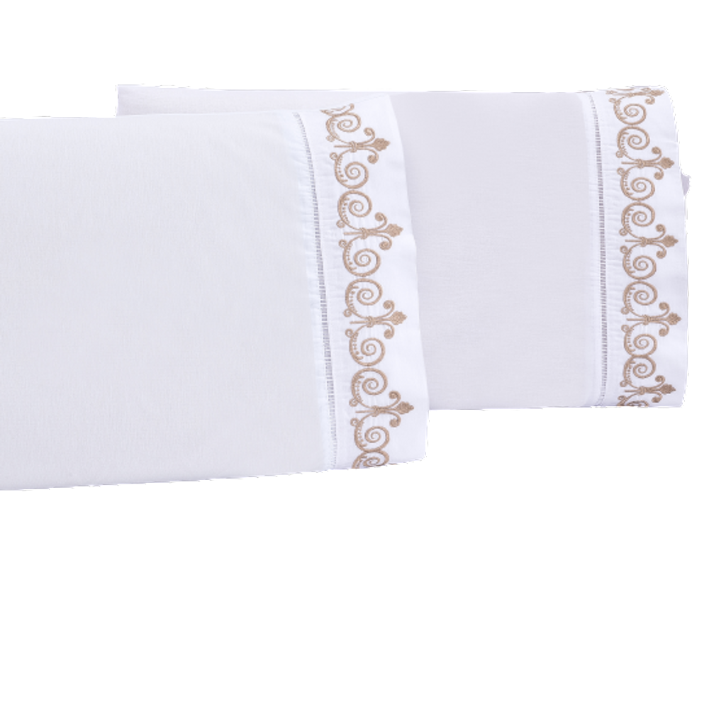 Jogo lençol quarto casal king bordado 3 peças branco caqui