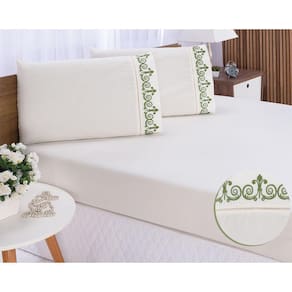 Jogo lençol quarto casal king bordado 3peças Palha com Verde