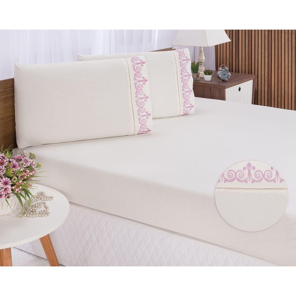 Jogo lençol quarto casal king bordado 3 peças Palha com Rose