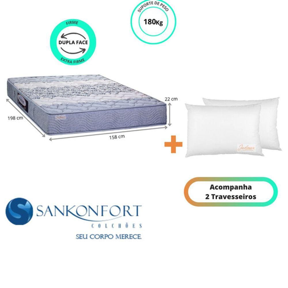 Colchão Sankonfort Protege Ortopédico Casal Queen 158x198x22 + 2 Travesseiros Fibra