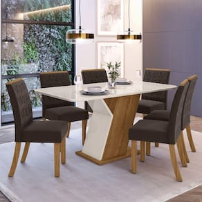 Conjunto Sala de Jantar Tampo MDF com Vidro Canto Arredondado 160 Cm 6 Cadeiras Juanita Casa 812