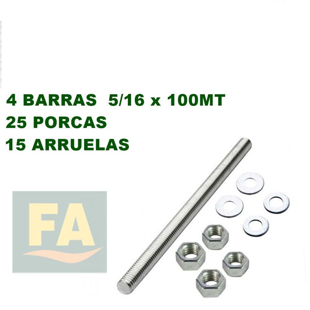Barra Roscada De 5/16X1,00Mt Kit 4 Barra + 16 Porc+ 16 Arru
