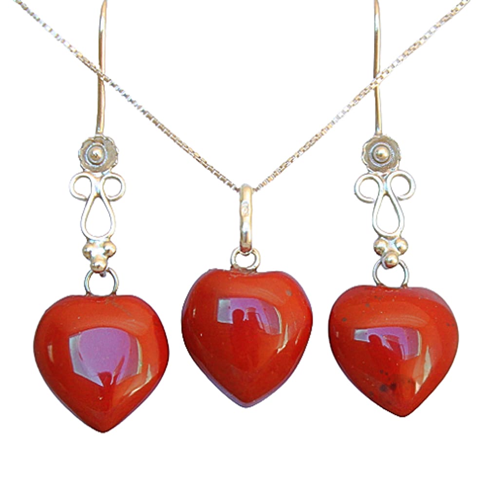 Conjunto Brinco Colar NLux Coração Jaspe Vermelho Prata 950
