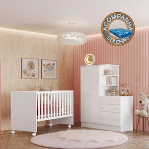 Quarto de Bebê Doce Sonho com Roupeiro e Berço Branco Qmovi + Colchão Physical