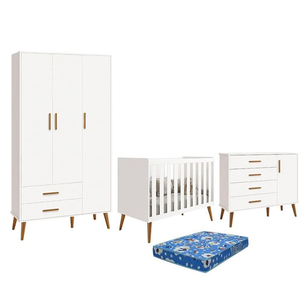 Dormitório Infantil Isis Guarda Roupa 3 Portas, Cômoda 1 Porta e Berço Branco com Colchão - Reller Móveis