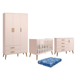 Dormitório Infantil Isis Guarda Roupa 3 Portas, Cômoda 1 Porta e Berço Rosa com Colchão - Reller Móveis
