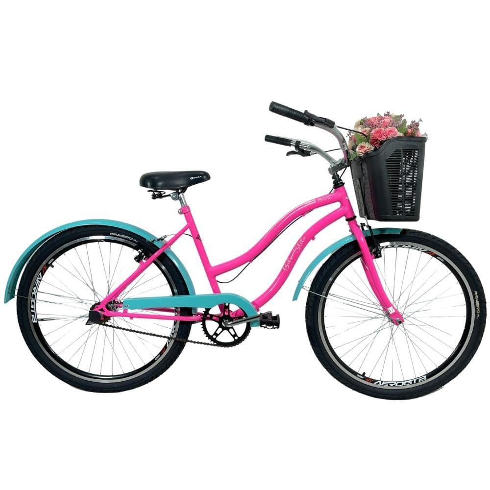 Bicicleta Beach Caiçara Aro 26 Cesta Feminina Rosa / Tifany
