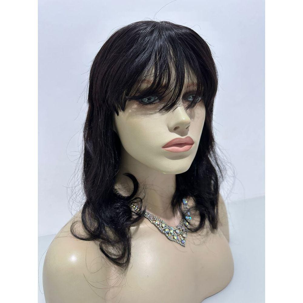 Peruca preta natural cabelo humano ondulada com franja 40cm