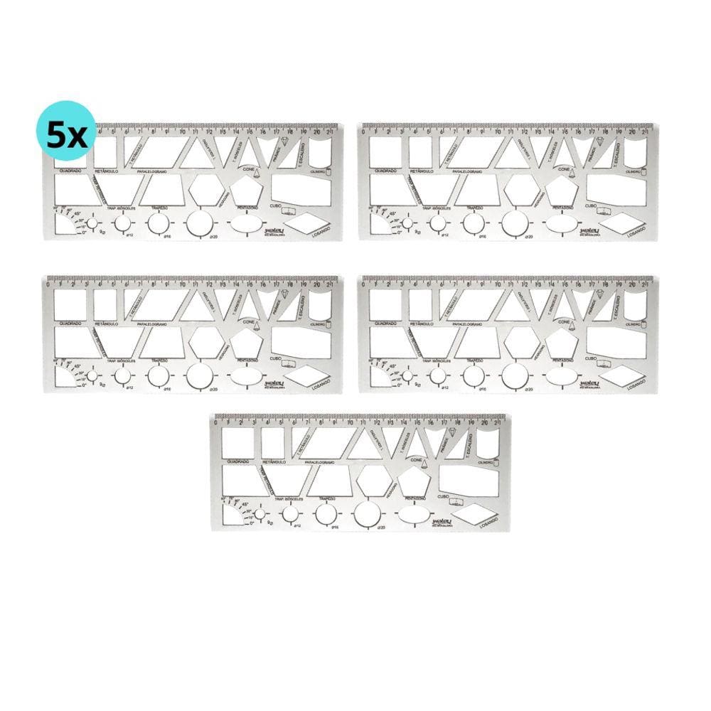 Kit 05 Régua Formas Geométricas Cristal Transparente 21cm Waleu | Desenhos Técnicos | Trabalhos Escolares
