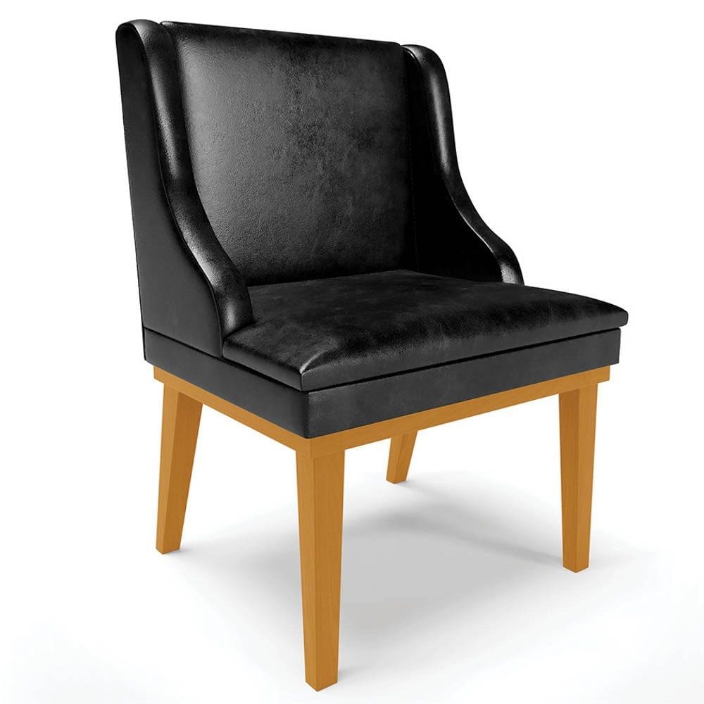 Cadeira Estofada Sala de Jantar Base Fixa de Madeira Castanho Lia Sintético Premium Preto - Ibiza