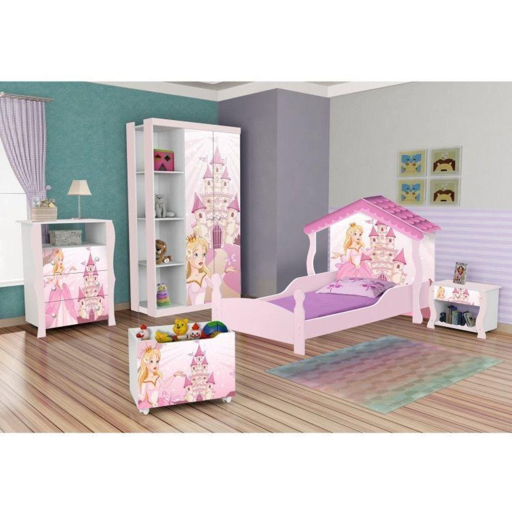 Conjunto Quarto Infantil Guarda Roupa 2 Portas Cômoda e Mesa de Cabeceira Lara e Cama Casa Princesa Rosa