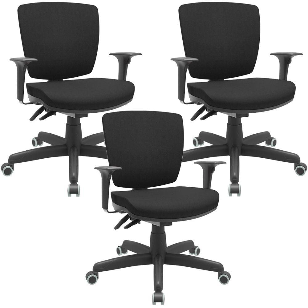 Kit 03 Cadeiras Escritório Executiva Office Giratória Preto Baixa Flexi P03 Poliéster Preto -Lyam