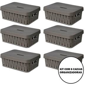 Kit 6 Caixas Organizadora Multiuso Para Armazenamento e Organização com Tampa 11L Cinza / Marrom / Preto / Rose / Verde / Vermelho