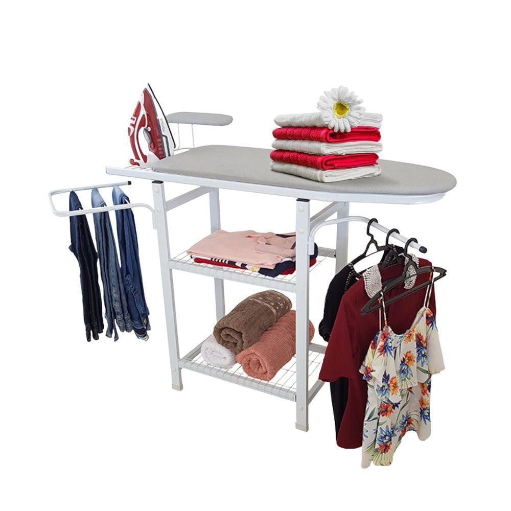 Tábua De Passar Roupa Multiuso Mesa Com Passa mangas Porta Calça e Prateleiras Branca em aço reforçado - Utilaço