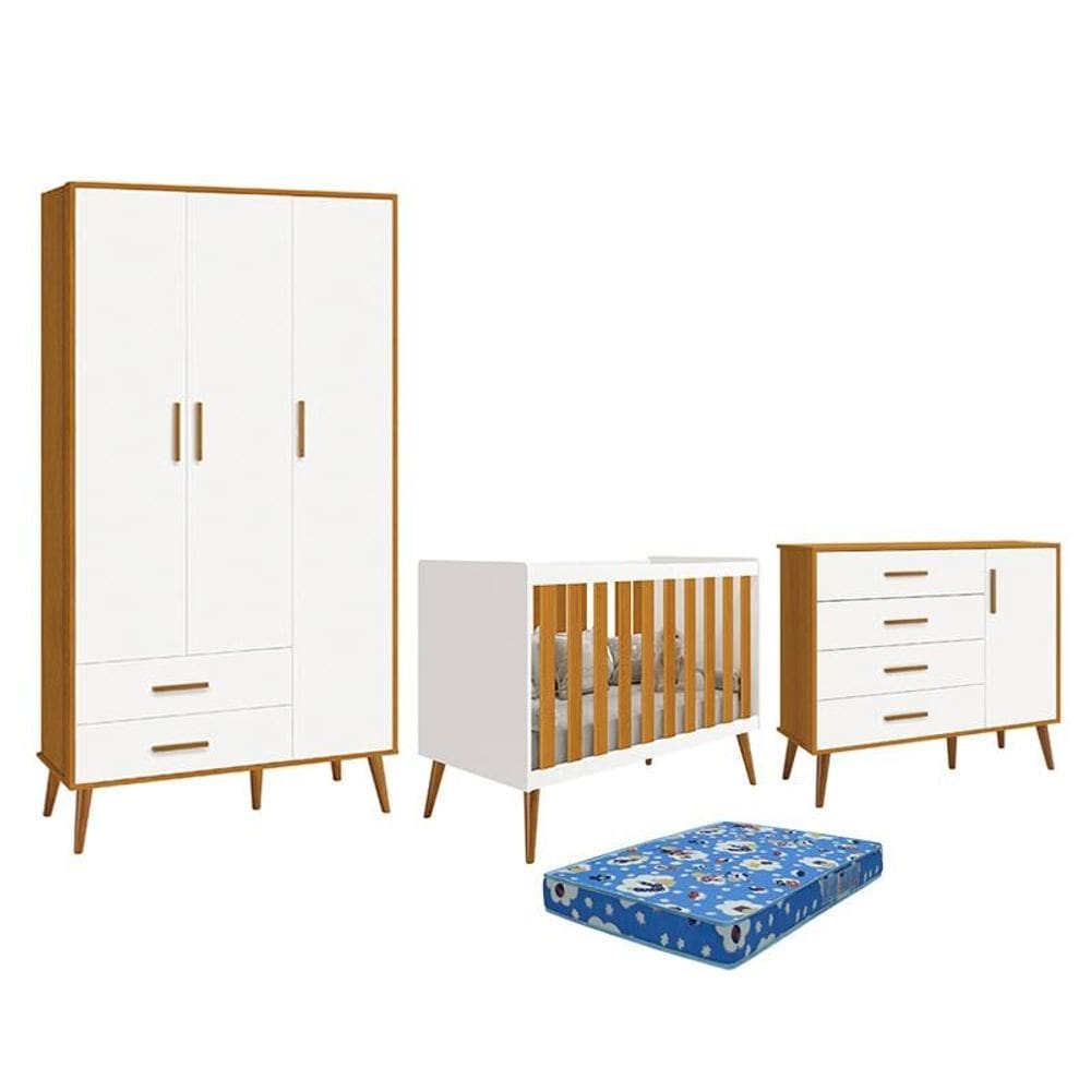 Dormitório Infantil Isis Guarda Roupa 3 Portas, Cômoda 1 Porta e Berço Branco/Savana com Colchão - R