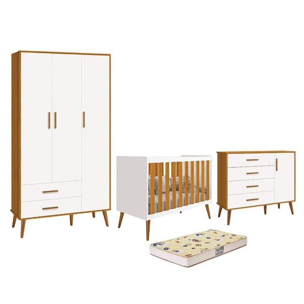 Dormitório Infantil Isis Guarda Roupa 3 Portas, Cômoda 1 Porta e Berço Branco/Savana com Colchão D18