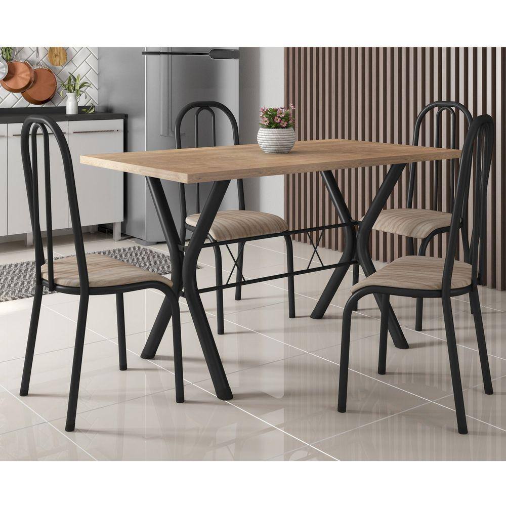 Conjunto Mesa de Jantar 136cm Miami com 4 Cadeiras Madri Preto Fosco/Marrom Bege