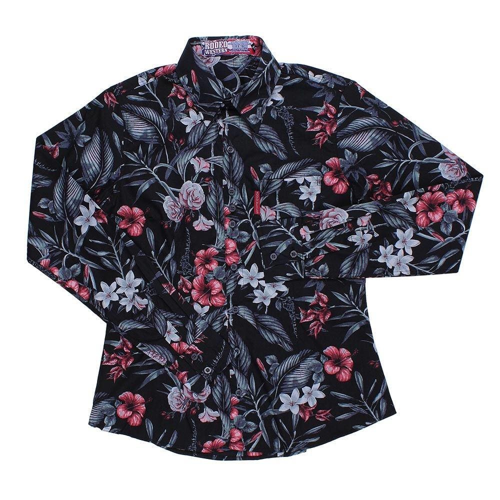 Camisa Floral Feminina Manga Longa Rodeo Western Preta 24618