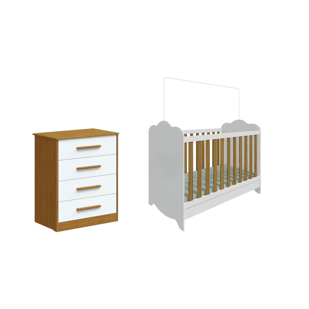 Berço Clara e Cômoda Charlo 04 gavetas Moveis Peroba MDF