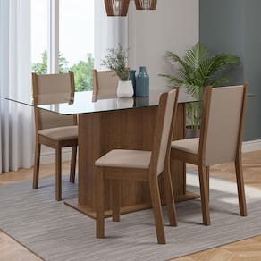 Conjunto Sala de Jantar Mesa Tampo de Vidro 4 Cadeiras Rustic/Crema/Sintético Bege Yara Madesa