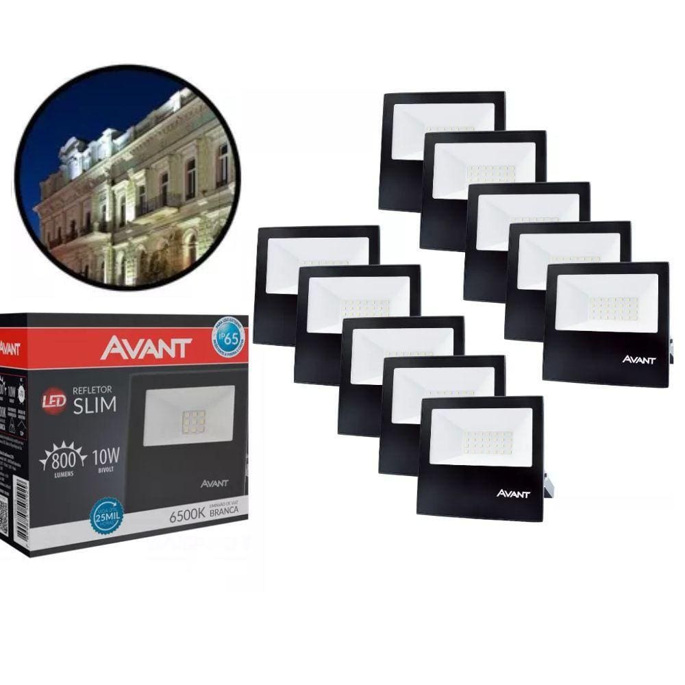 Refletor Led 10W Preto Bivolt Avant 10 Unidades