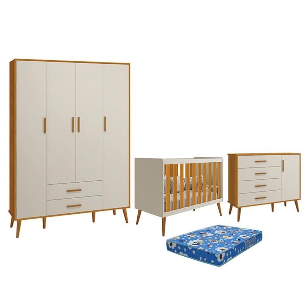Dormitório Infantil Isis Guarda Roupa 4 Portas, Cômoda 1 Porta e Berço Areia/Savana com Colchão - Reller Móveis