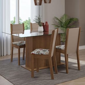 Conjunto Sala de Jantar Mesa Tampo de Vidro 4 Cadeiras Rustic/Crema/Floral Hibiscos Yara Madesa