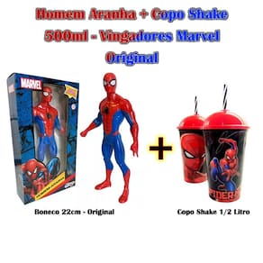 Bonceo e Copo Shake Homem Aranha 500ml com Canudo - Vingadores Marvel Plasútil - PANAMI