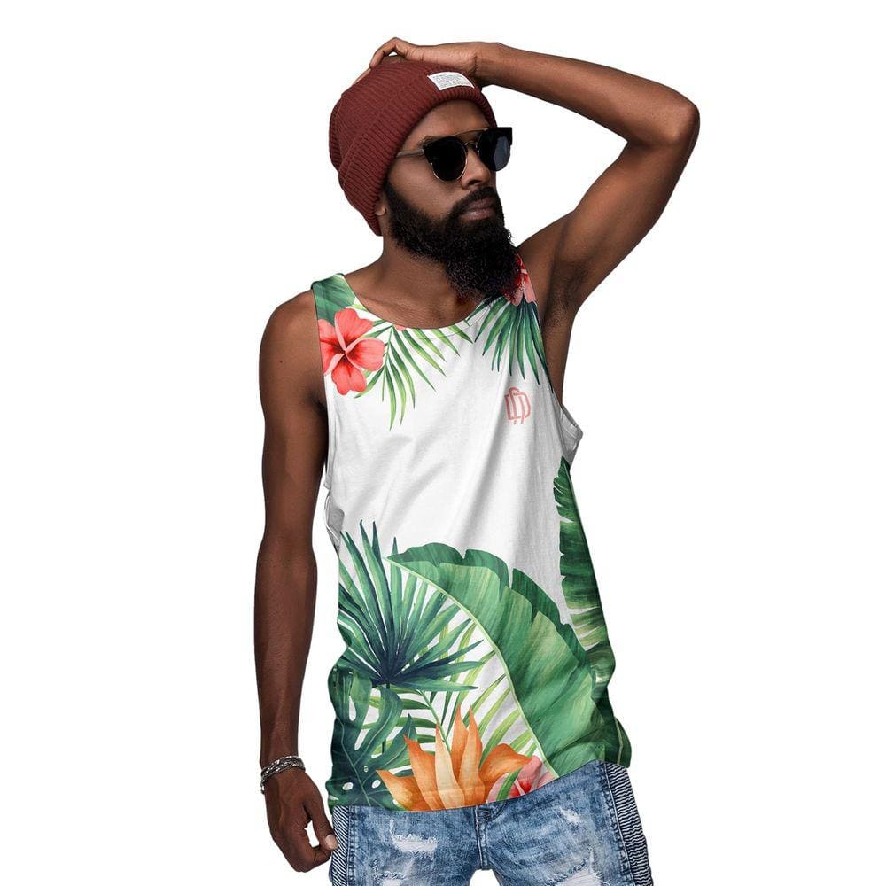 Camiseta Regata Havaiana Folhas e Flores Vermelhas